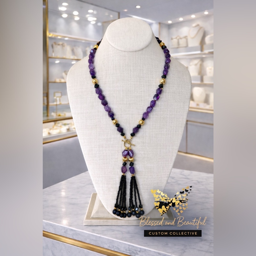 Elegant Purple and Black Beaded Necklace